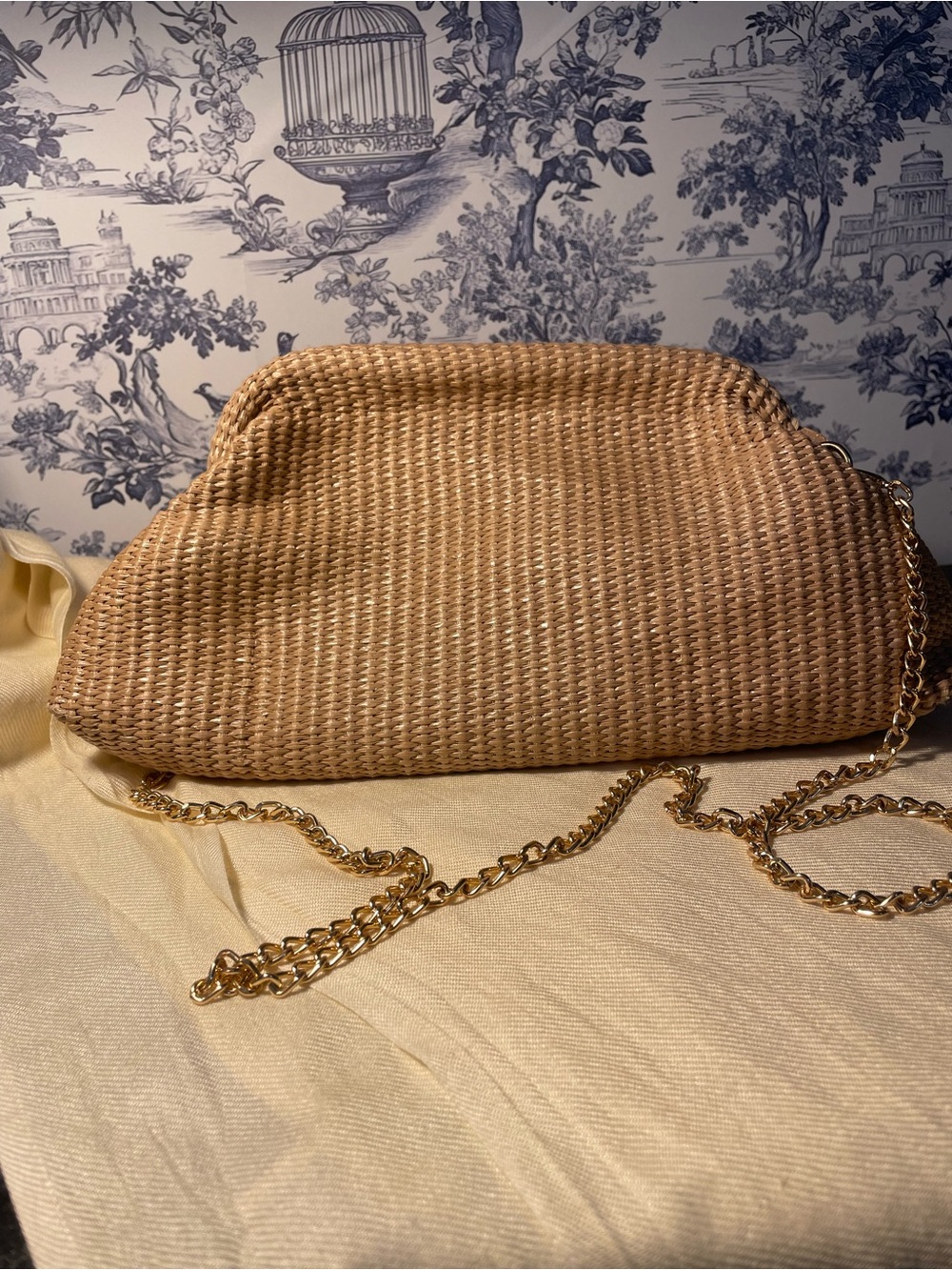 Woven Tan Straw Clutch with Gold Chain Strap